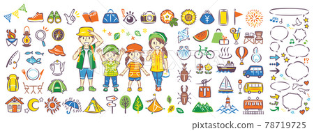 Family who enjoys outdoor leisure sightseeing and travel during summer vacation Icon illustration and balloon set 78719725