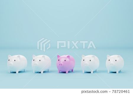 Piggy bank pink colour outstanding among piggy bank white on light blue background 78720461