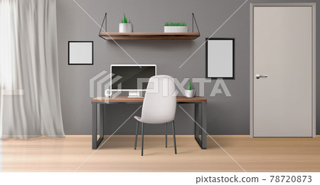 Office room interior with desk, monitor and chair Office room interior with desk, monitor and chair 78720873