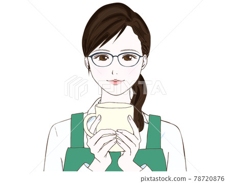 A woman in an apron wearing glasses with a mug A woman in an apron wearing glasses with a mug 78720876