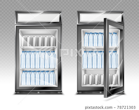 Mini refrigerator with water bottles on shelves Mini refrigerator with water bottles on shelves 78721303