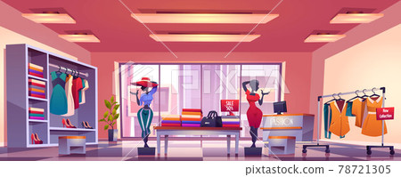 Fashion store interior with counter and mannequins Fashion store interior with counter and mannequins 78721305