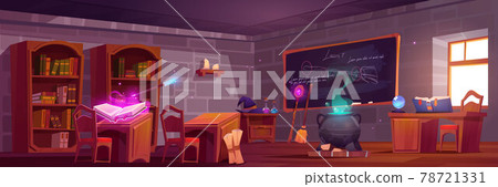 Magic school, classroom interior with wooden desks Magic school, classroom interior with wooden desks 78721331
