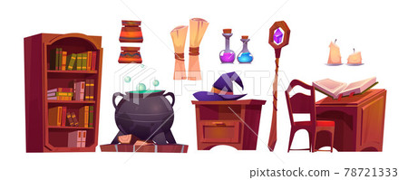 Magic school interior with open book of spell Magic school interior with open book of spell 78721333