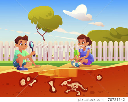 Kids playing in game with fossil dinosaurs Kids playing in game with fossil dinosaurs 78721342