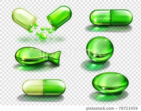 Green capsule with vitamin, collagen or medicine 78721459