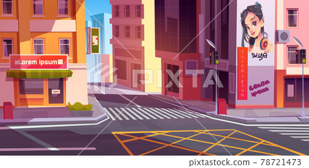 City street with houses and scooter on road 78721473