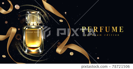 Perfume bottle and gold ribbon on black background 78721506