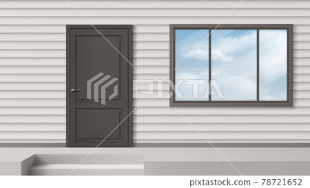House facade with gray door, window, siding wall 78721652