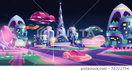 Future night city futuristic buildings flying cars 78721734