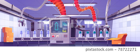 Factory conveyor belt with water bottles and robot Factory conveyor belt with water bottles and robot 78722271