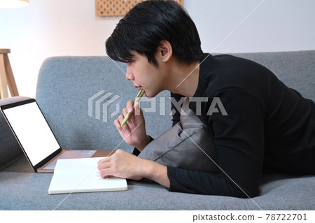 Young man freelancer lying on sofa and working with laptop. 78722701