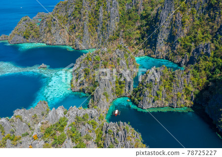 Aerial view of turquoise tropical lagoon with limestone cliffs in Coron Island, Palawan, Philippines 78725227