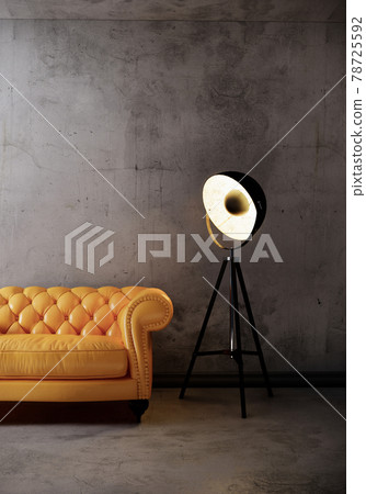 yellow leather sofa and lamp on the lofe wall. room interior design with gray wall and wooden floor. 3d vertical background yellow leather sofa and lamp on the lofe wall. room interior design with gray wall and wooden floor. 3d vertical background 78725592