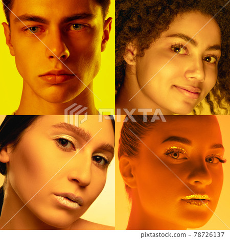 Portraits of group of people on multicolored background in neon light, collage. 78726137