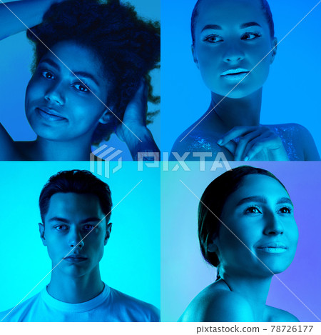 Portraits of group of people on multicolored background in neon light, collage. 78726177