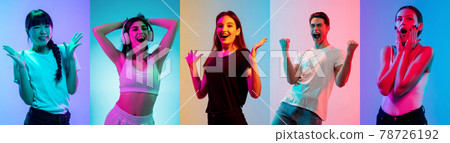 Portraits of group of people on multicolored background in neon light, collage. Portraits of group of people on multicolored background in neon light, collage. 78726192
