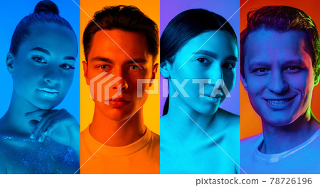 Portraits of group of people on multicolored background in neon light, collage. 78726196