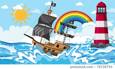 Ocean with Pirate ship at day time scene in cartoon style Ocean with Pirate ship at day time scene in cartoon style 78726750