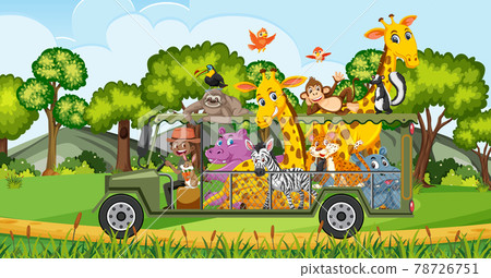 Safari scene with wild animals in the cage car Safari scene with wild animals in the cage car 78726751