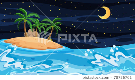 Beach landscape at night scene with island - Stock Illustration ...