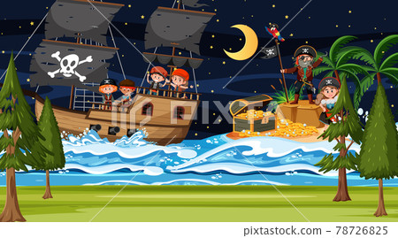 Treasure Island scene at night with Pirate kids on the ship 78726825