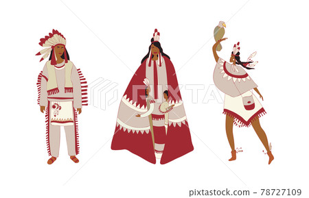 Red Indians Wearing Broad Clothing with Feathers Vector Set 78727109