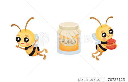 Cute Striped Bee Character with Yellow Body Flying with Honey Pot Vector Set Cute Striped Bee Character with Yellow Body Flying with Honey Pot Vector Set 78727125
