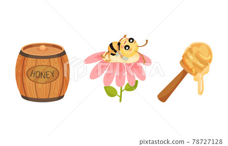 Cute Striped Bee Character with Yellow Body Lying on Flower and Wooden Honey Barrel Vector Set 78727128