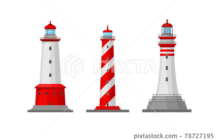 Lighthouse Tower Serving as Navigational Aid on Sea Vector Set Lighthouse Tower Serving as Navigational Aid on Sea Vector Set 78727195