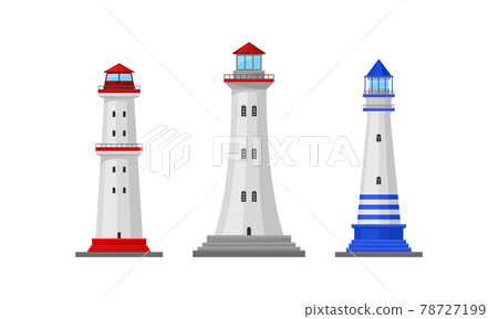 Lighthouse Tower Serving as Navigational Aid on Sea Vector Set Lighthouse Tower Serving as Navigational Aid on Sea Vector Set 78727199