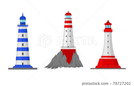 Lighthouse Tower Serving as Navigational Aid on Sea Vector Set 78727202