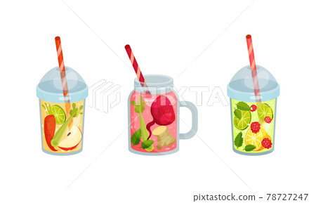 Smoothie in Glass and Jar with Different Ingredients Mixing Together and Straw Vector Set Smoothie in Glass and Jar with Different Ingredients Mixing Together and Straw Vector Set 78727247