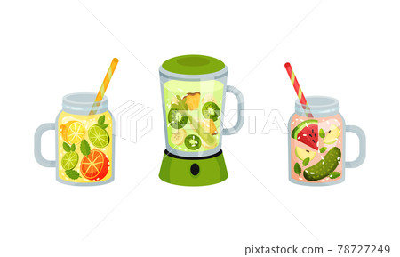 Smoothie in Blender and Jar with Straw with Different Ingredients Mixing Together Vector Set 78727249