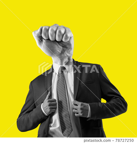 The man in a suit with a head in the form of a fist. Metaphor of an angry boss. Contemporary art collage The man in a suit with a head in the form of a fist. Metaphor of an angry boss. Contemporary art collage 78727250