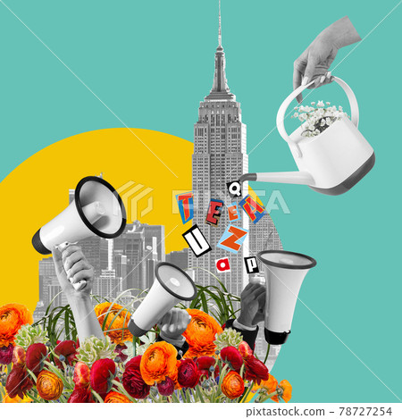 Contemporary art collage, modern design. Aesthetic of hands. Trendy pastel colors. Copyspace for your ad or text. Contemporary art collage, modern design. Aesthetic of hands. Trendy pastel colors. Copyspace for your ad or text. 78727254