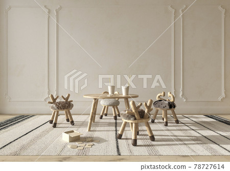 Children room interior scandinavian style with natural wooden furniture. Mock up on wall background. Kids farmhouse style 3d rendering illustration. 78727614