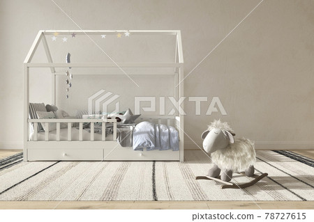 Children room interior scandinavian style. Mock up on wall background. Kids farmhouse style 3d rendering illustration bedroom. 78727615