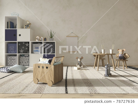 Children room interior scandinavian style with mock up on wall background 3d rendering illustration Children room interior scandinavian style with mock up on wall background 3d rendering illustration 78727616