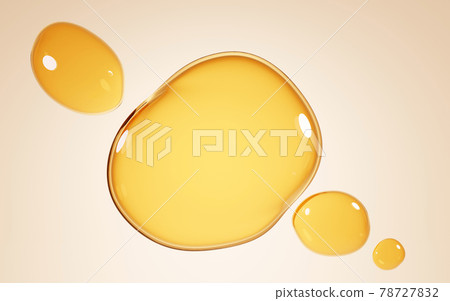 Gold stains of oil, serum droplets or honey on beige background. Bubbles collagen essence, mockup liquid yellow drops of cosmetic or food oil, 3d illustration top view on clear yellow puddles of water 78727832