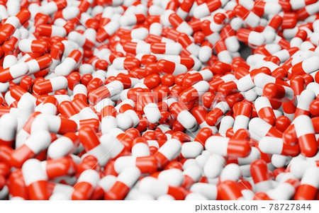 Red white capsules, pile of pills on background, pharmaceutical industry, medicine and vitamins, health care products, pharmacy and drug, antibiotics and painkillers, food supplement, 3d illustration 78727844