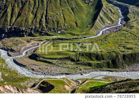 Lahaul valley with Chandra river in Himalayas. Himachal Pradesh, India 78728955