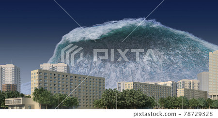 Tsunami wave apocalyptic water view urban flood Storm. 3D illustration Tsunami wave apocalyptic water view urban flood Storm. 3D illustration 78729328