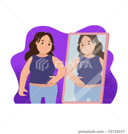 Woman feeling sad when looking at the mirror. Obese or fat concept. Flat vector design Woman feeling sad when looking at the mirror. Obese or fat concept. Flat vector design 78729357
