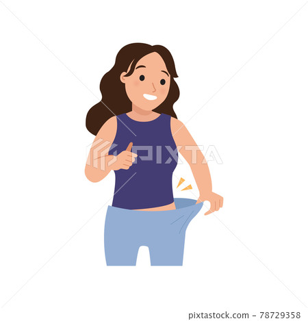 Woman feeling happy because of successful diet. Loose pant as a result of weight loss. Flat vector design Woman feeling happy because of successful diet. Loose pant as a result of weight loss. Flat vector design 78729358
