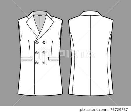 Sleeveless jacket lapelled vest waistcoat technical fashion illustration with double breasted, button-up closure, pocket 78729787