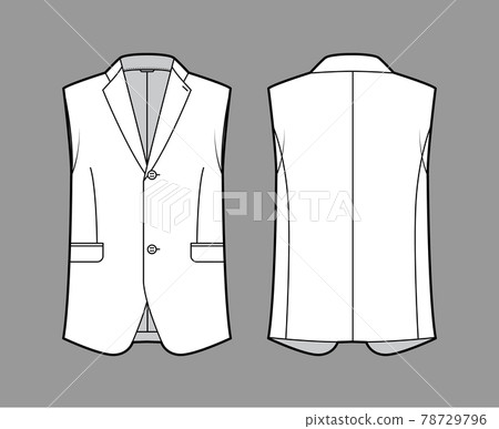 Sleeveless jacket lapelled vest waistcoat technical fashion illustration with single breasted, button-up closure, pocket Sleeveless jacket lapelled vest waistcoat technical fashion illustration with single breasted, button-up closure, pocket 78729796