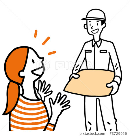 The woman who received the ordered item and the deliveryman with the bag The woman who received the ordered item and the deliveryman with the bag 78729936