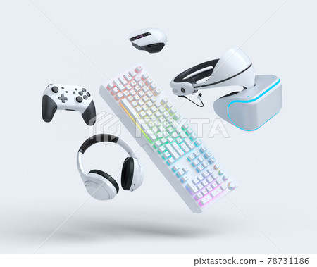Flying gamer gears like mouse, keyboard, joystick, headset, VR on white Flying gamer gears like mouse, keyboard, joystick, headset, VR on white 78731186