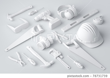 Isometric view of monochrome construction tools for repair on white 78731739